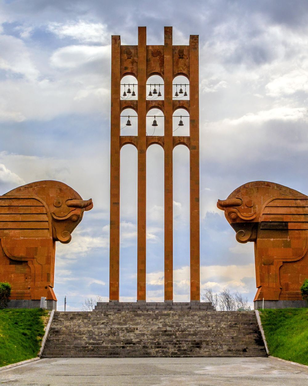 The Sardarapat memorial bell tower flanked by winged bulls